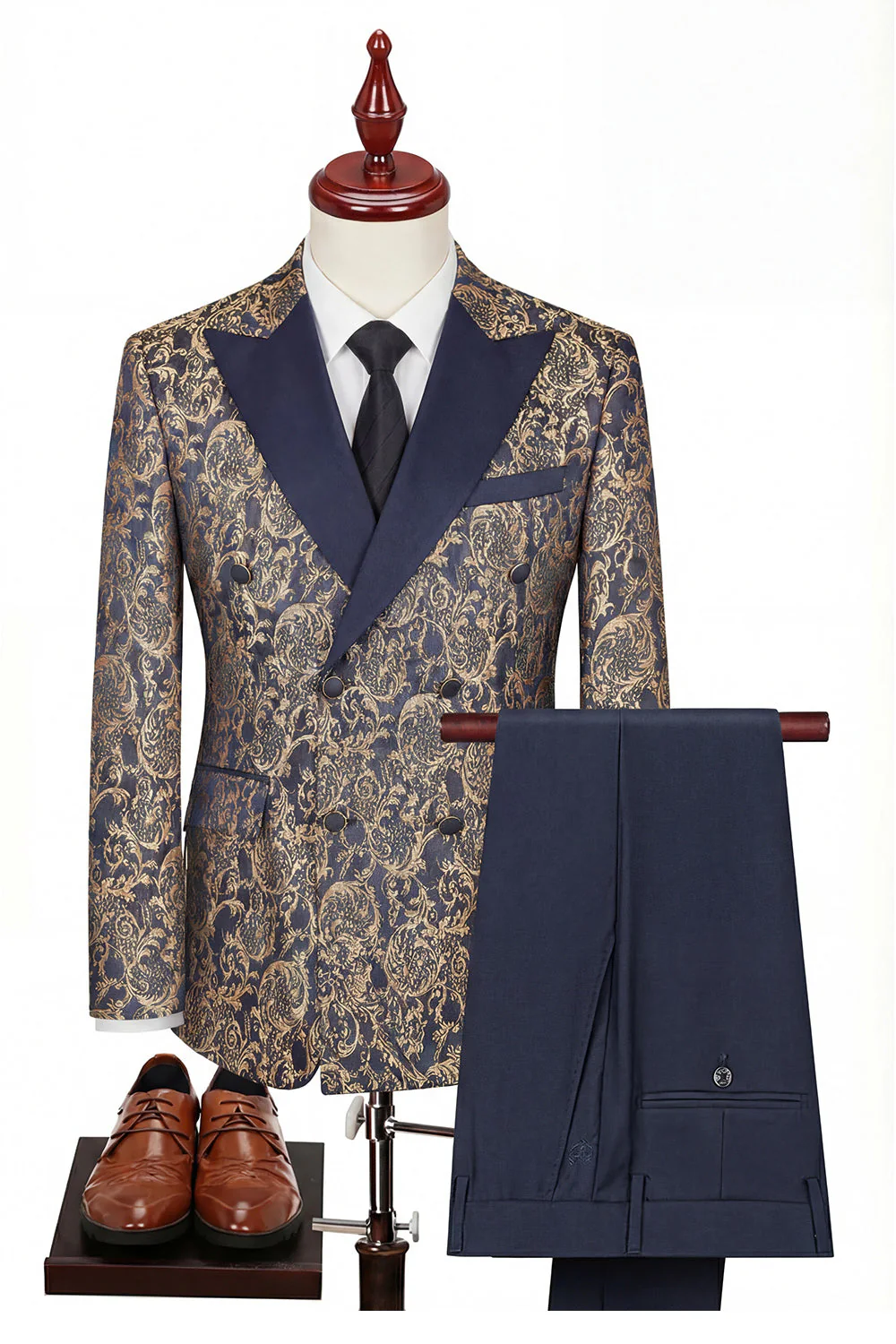 Costumes noirs trois pièces pour hommes à revers pointu à boutons doubles et pointés - Image 7