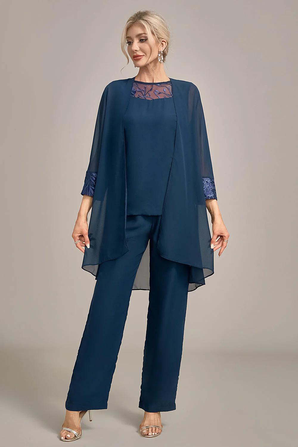 Tailleur pantalon 3 pièces bleu marine à manches longues pour mère de la mariée élégant
