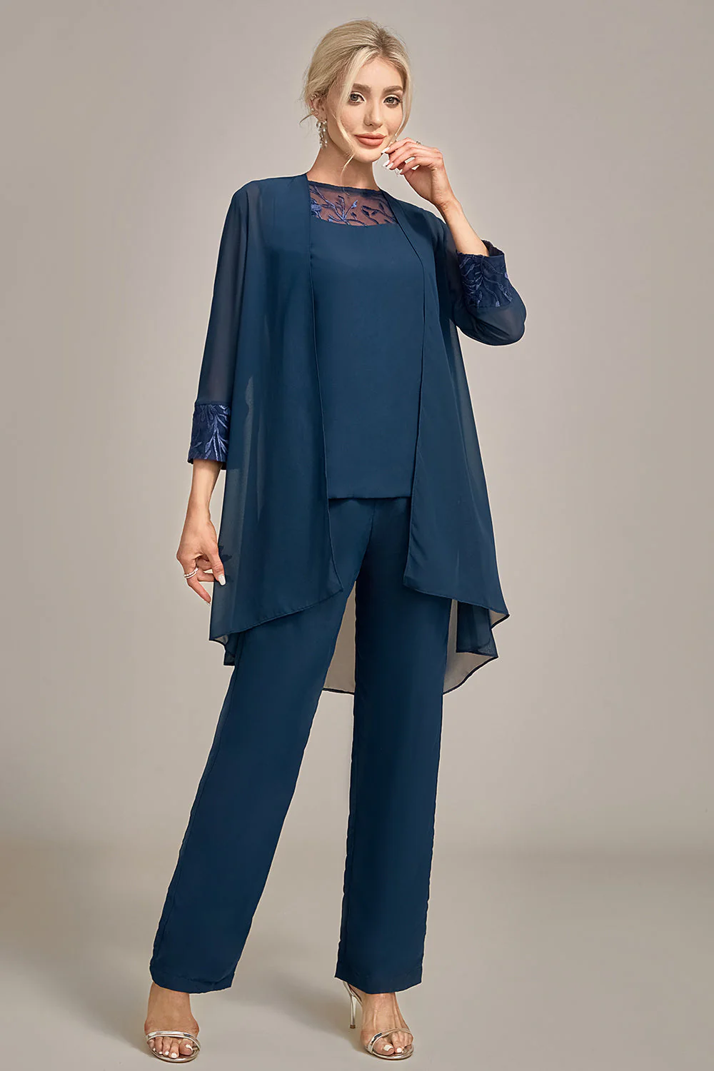 Tailleur pantalon 3 pièces bleu marine à manches longues pour mère de la mariée élégant - Image 4