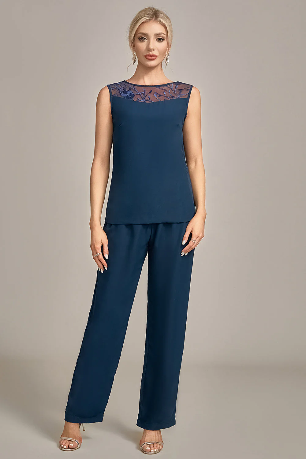 Tailleur pantalon 3 pièces bleu marine à manches longues pour mère de la mariée élégant - Image 5
