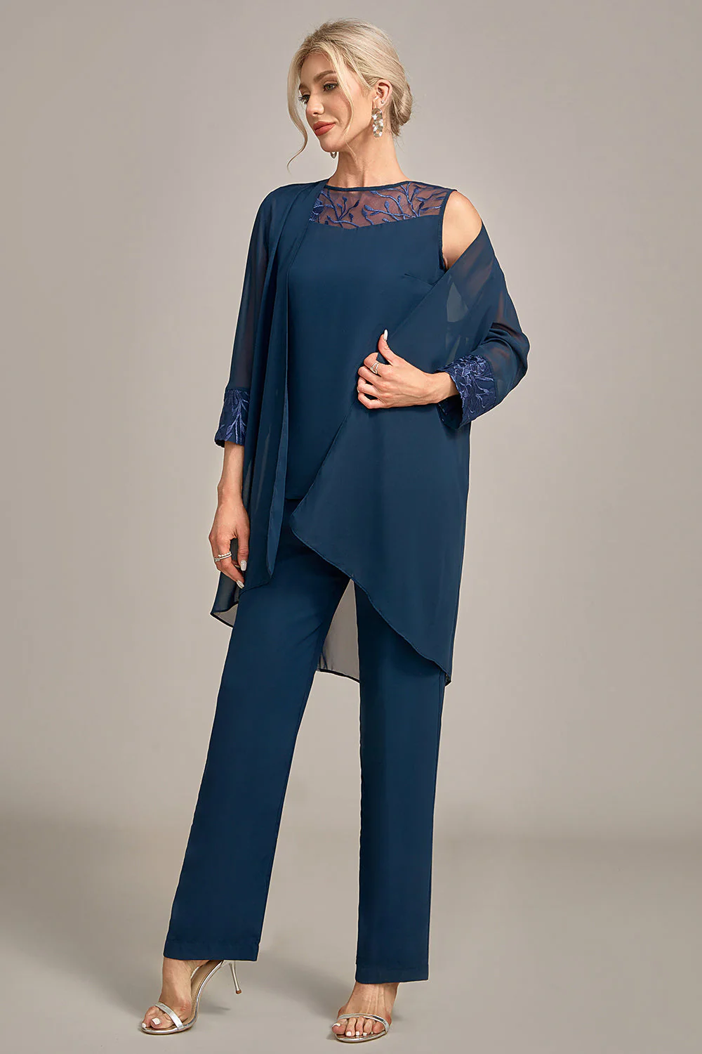 Tailleur pantalon 3 pièces bleu marine à manches longues pour mère de la mariée élégant - Image 6