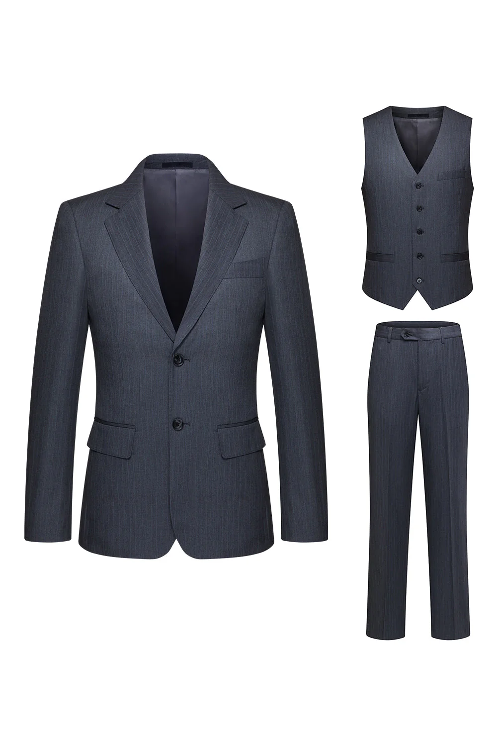 Costumes trois pièces pour hommes à revers rayés gris et encochés