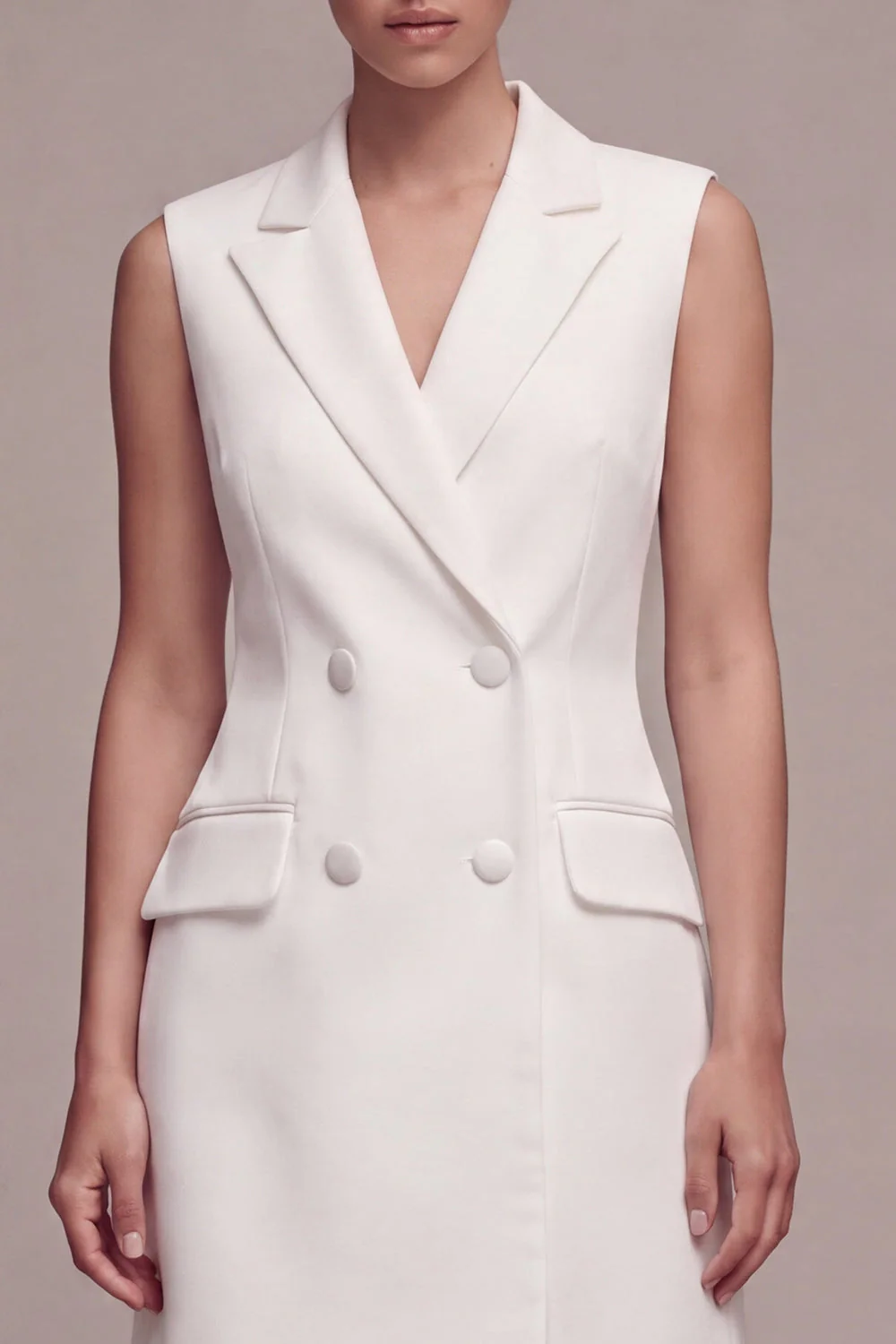 Courte blazer blanche à revers à pointes à double boutonnage - Image 3
