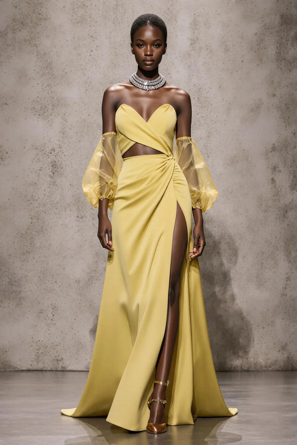 Daffodil Sweetheart Satin Sirène Robe longue à manches