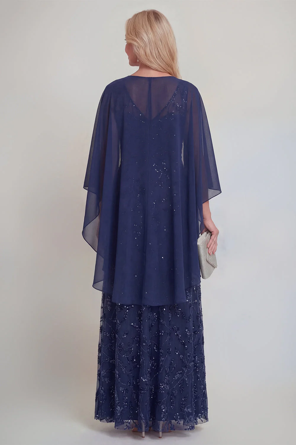 Dentelle bleu marine Fleuri Ligne A Sequins Longue robe mère de la mariée avec veste - Image 2