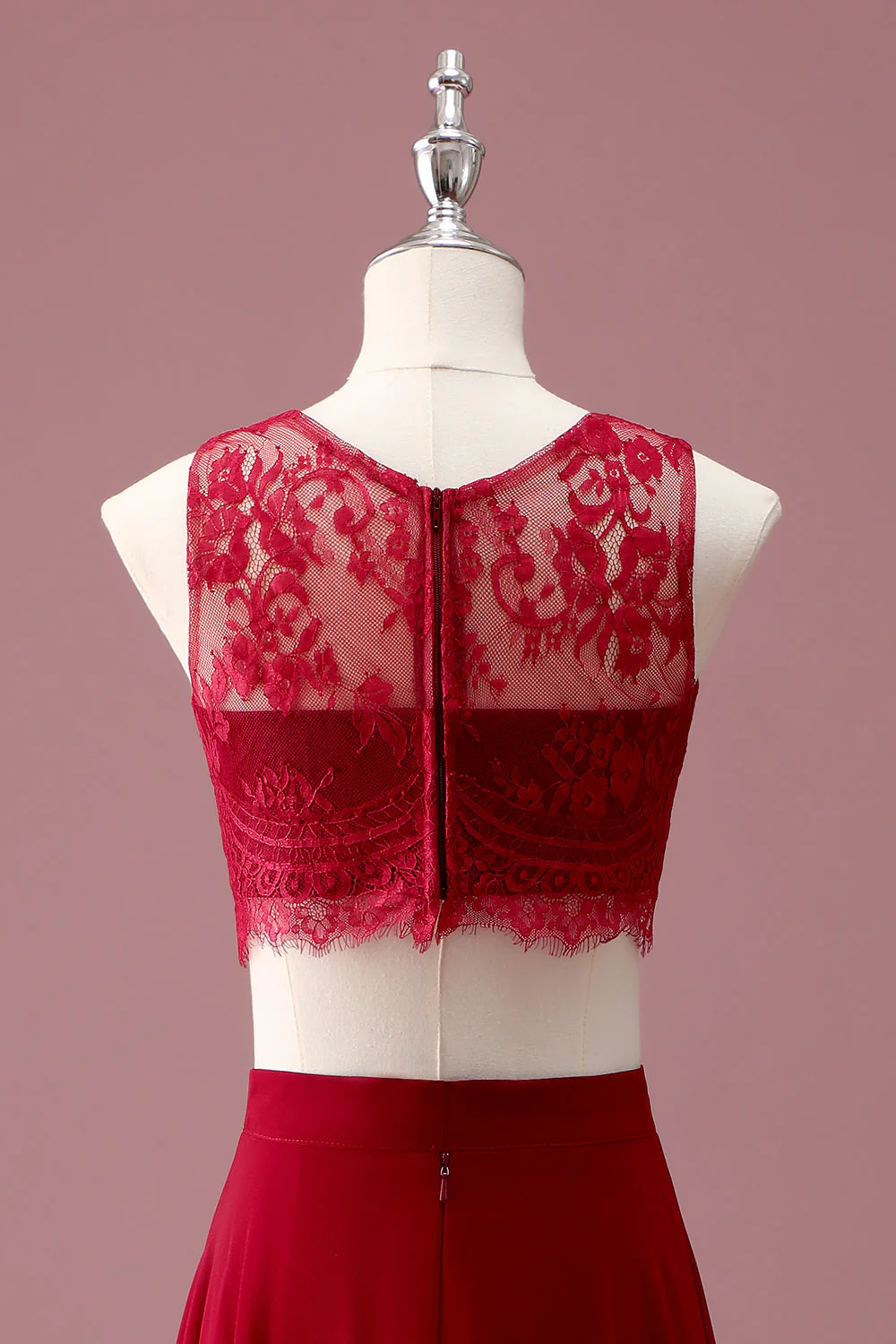 Dentelle Bourgogne Col Rond Une Ligne Longue Robe de Demoiselle D’honneur Junior Avec Haut Court - Image 5