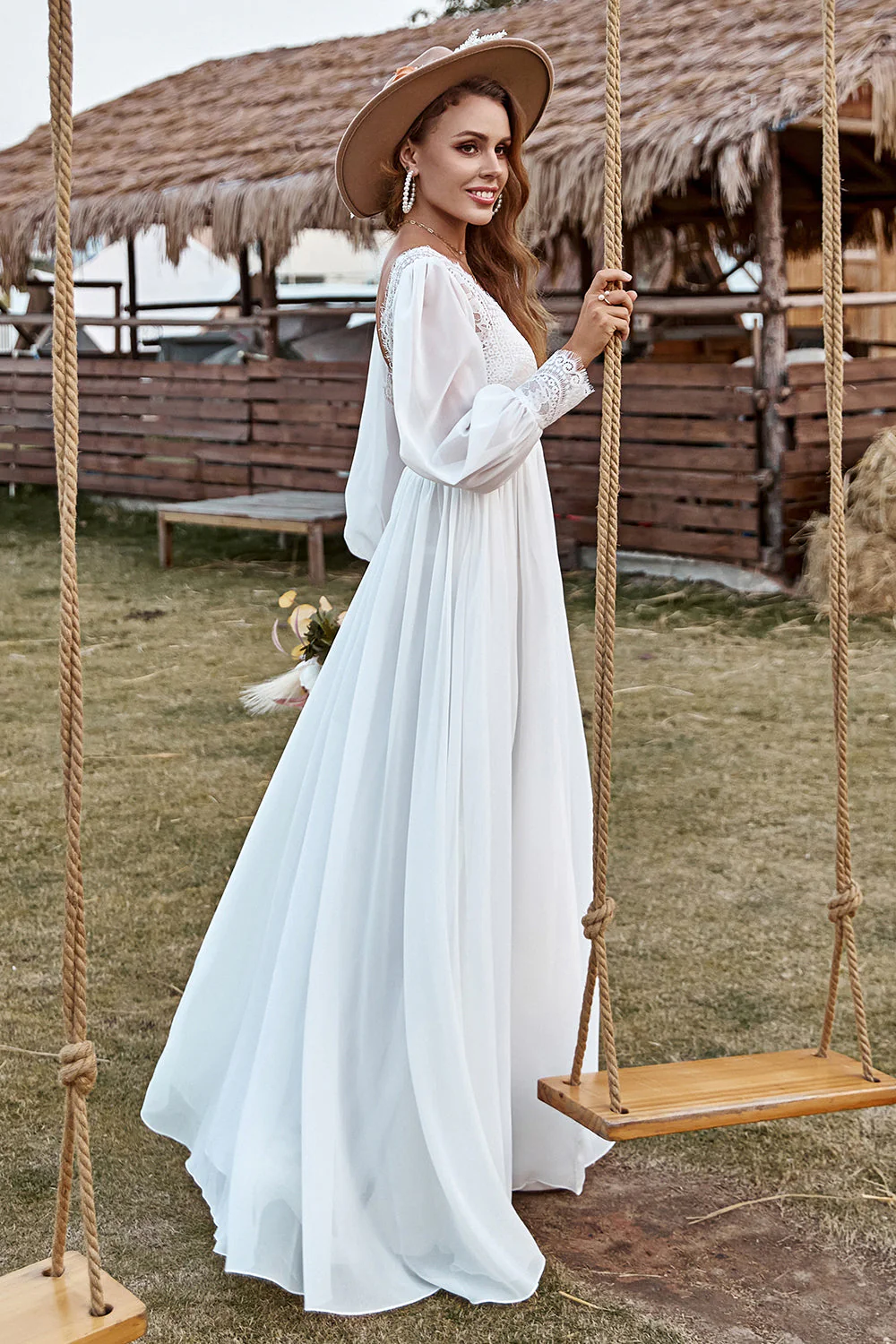 Dentelle Ivoire Chiffon Col V À manches longues Boho Robe de mariée - Image 3