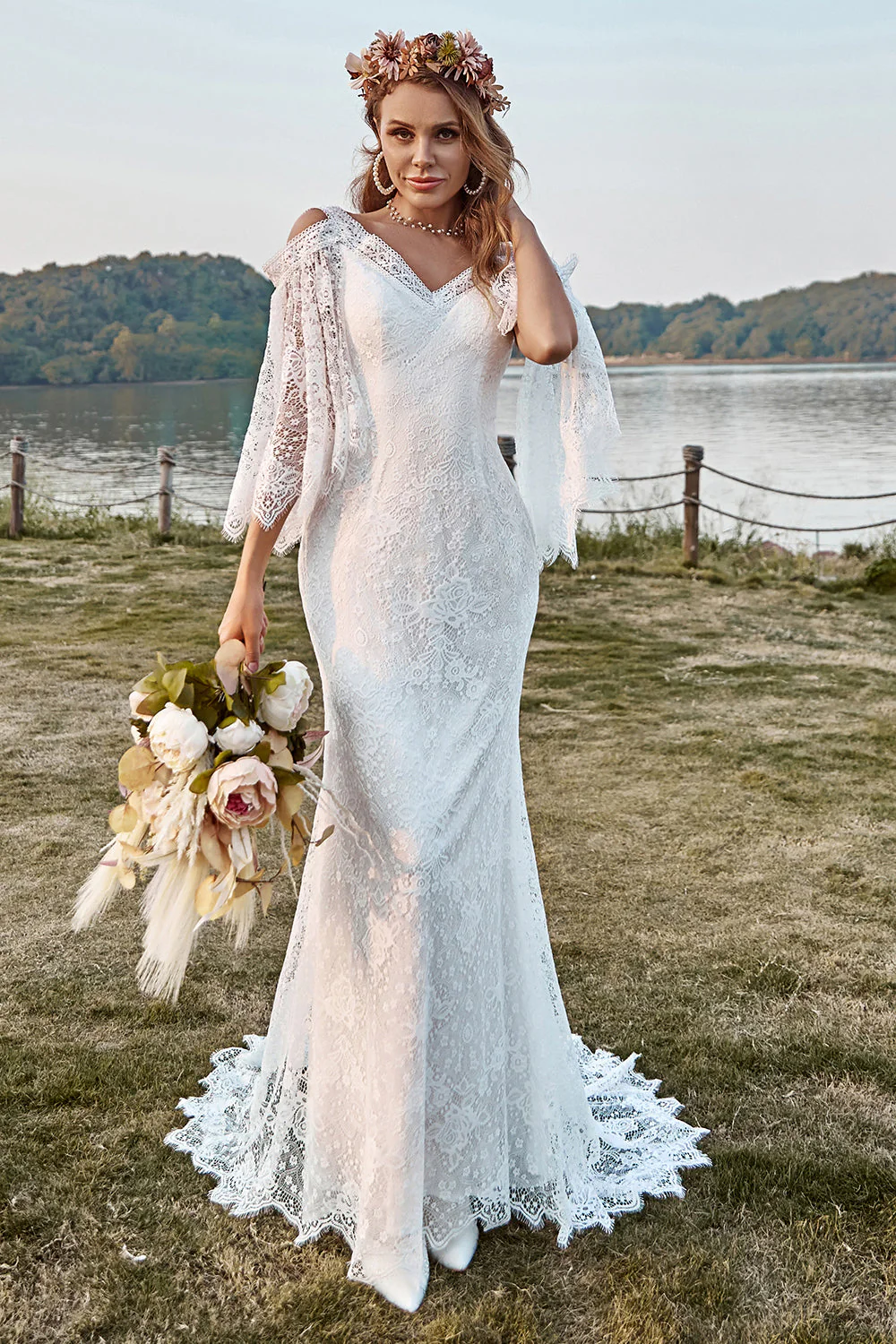 Dentelle Ivoire Épaule Froide Sirène Cape Manches Boho Robe de mariée - Image 5