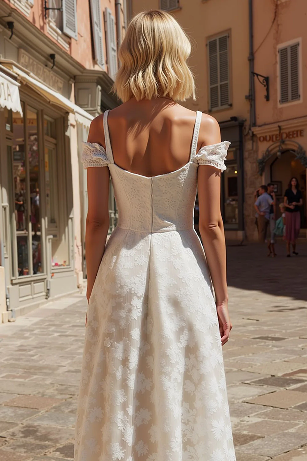 dentelle ivoire épaule froide une ligne longue robe de mariée - Image 4
