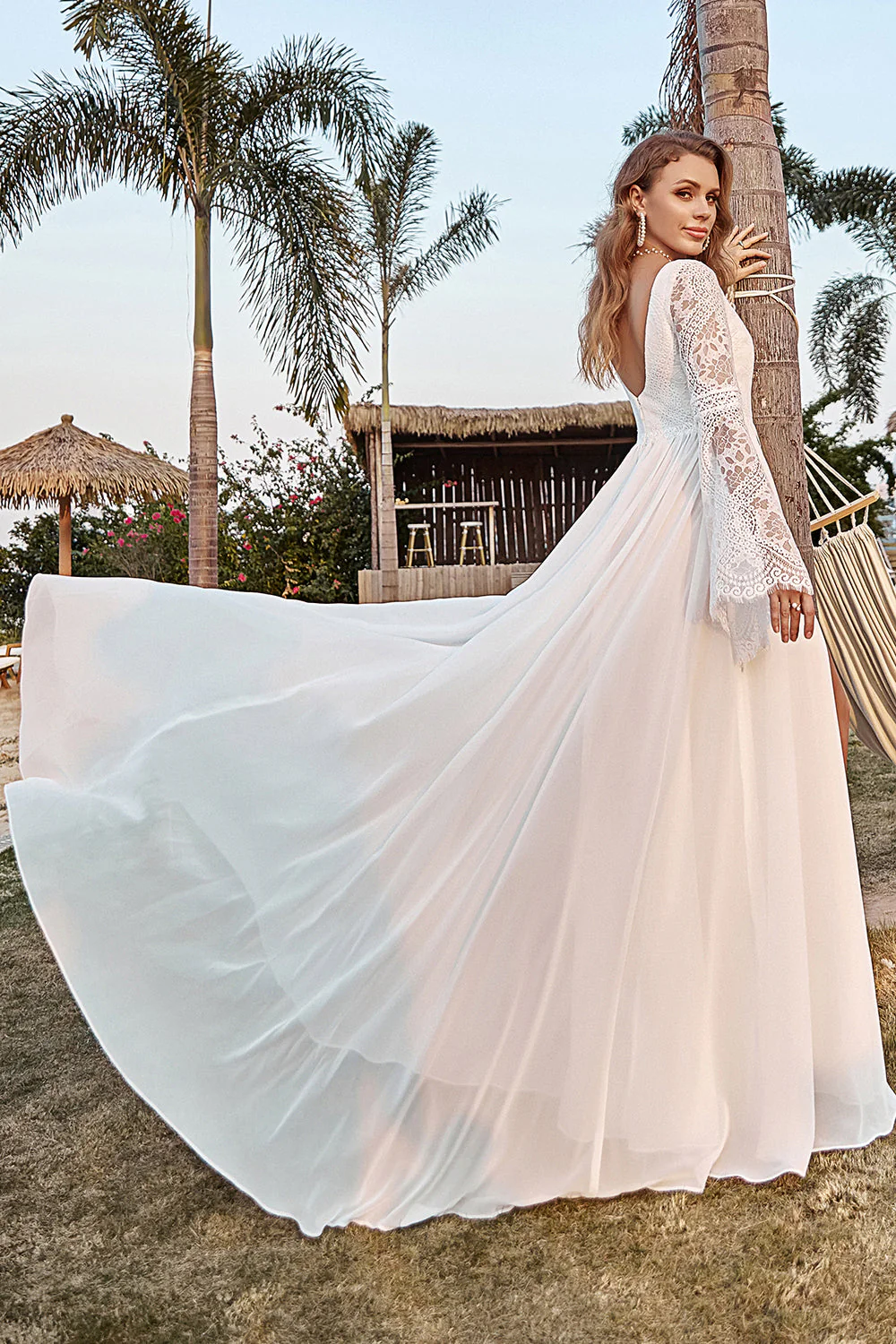 Dentelle Ivoire Mousseline de Soie Trompette Manche Boho Robe de mariée - Image 4