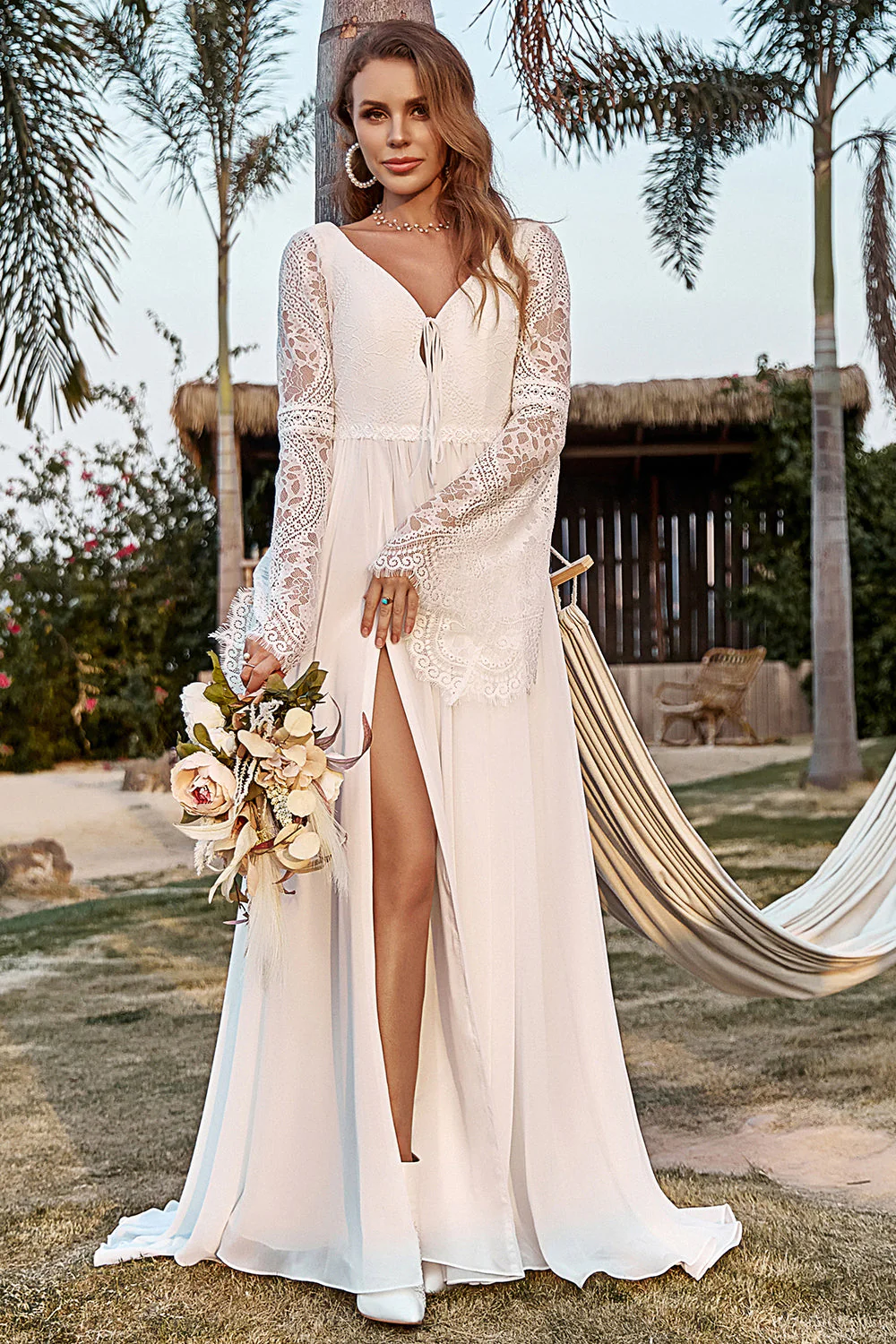 Dentelle Ivoire Mousseline de Soie Trompette Manche Boho Robe de mariée - Image 6