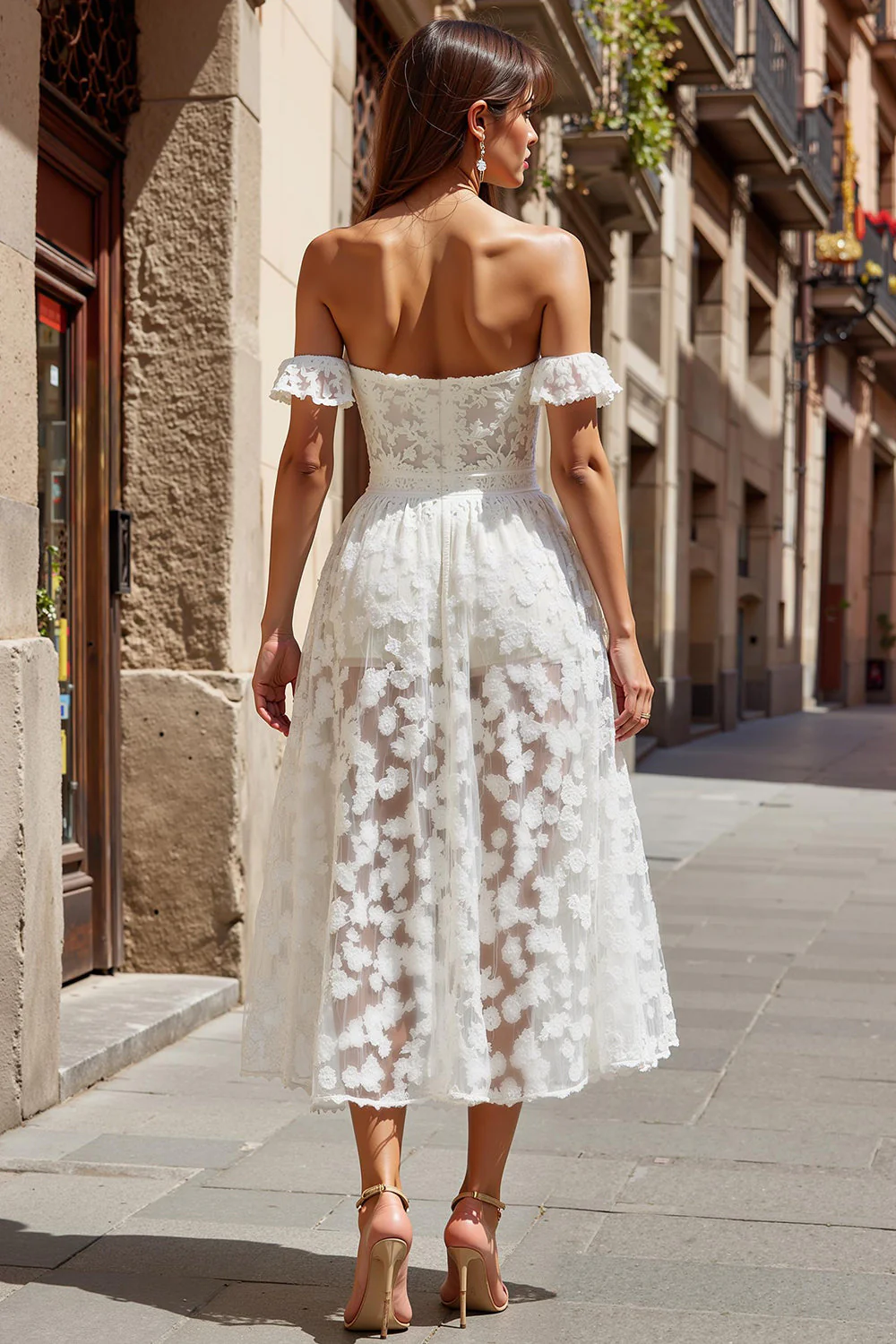Dentelle ivoire Une ligne dénudée Robe de mariée longue - Image 2