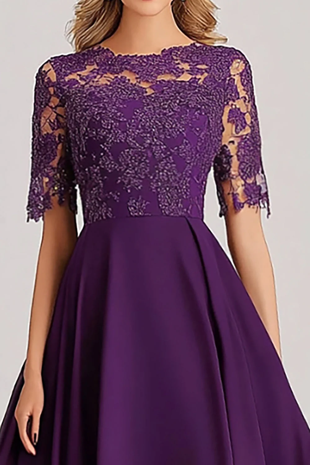 Dentelle Une Ligne Violette Mère de la Mariée Robe À Manches Courtes - Image 2