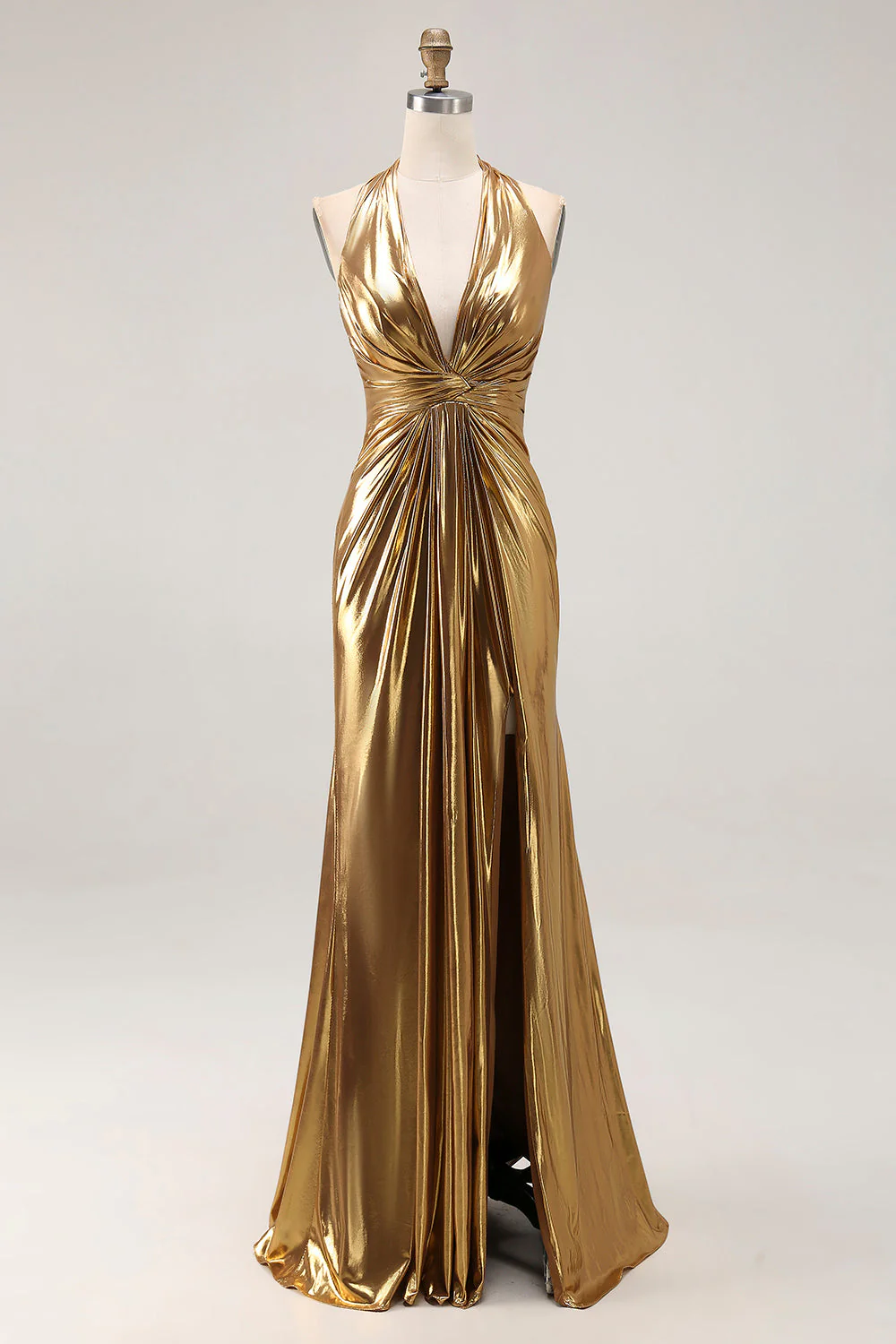 Dos nu doré Métallisé Ruché Robe longue formelle avec fente