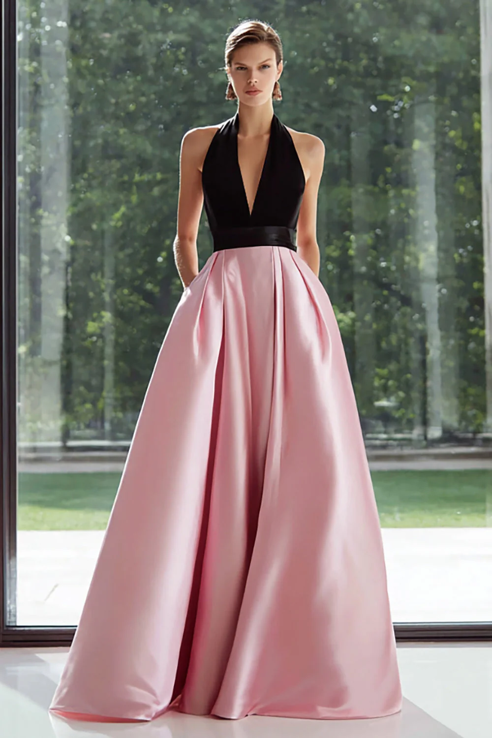 Dos nu en satin noir et rose Une longue robe formelle ligne avec poches