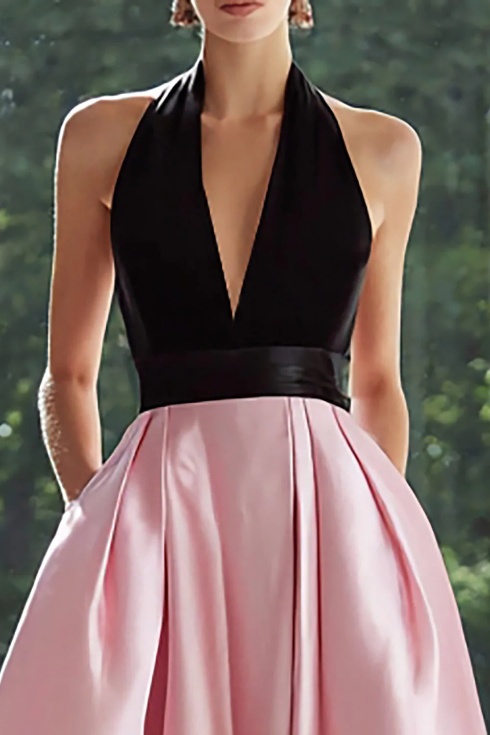 Dos nu en satin noir et rose Une longue robe formelle ligne avec poches - Image 2