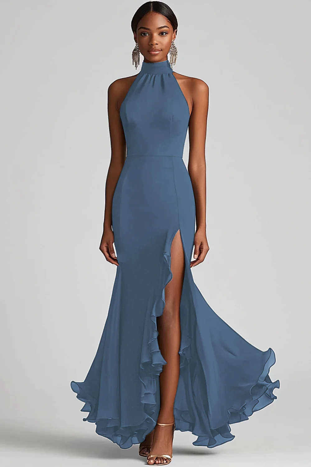 Dos nu Noir à volants Sirène Robe longue formelle avec fente - Image 14