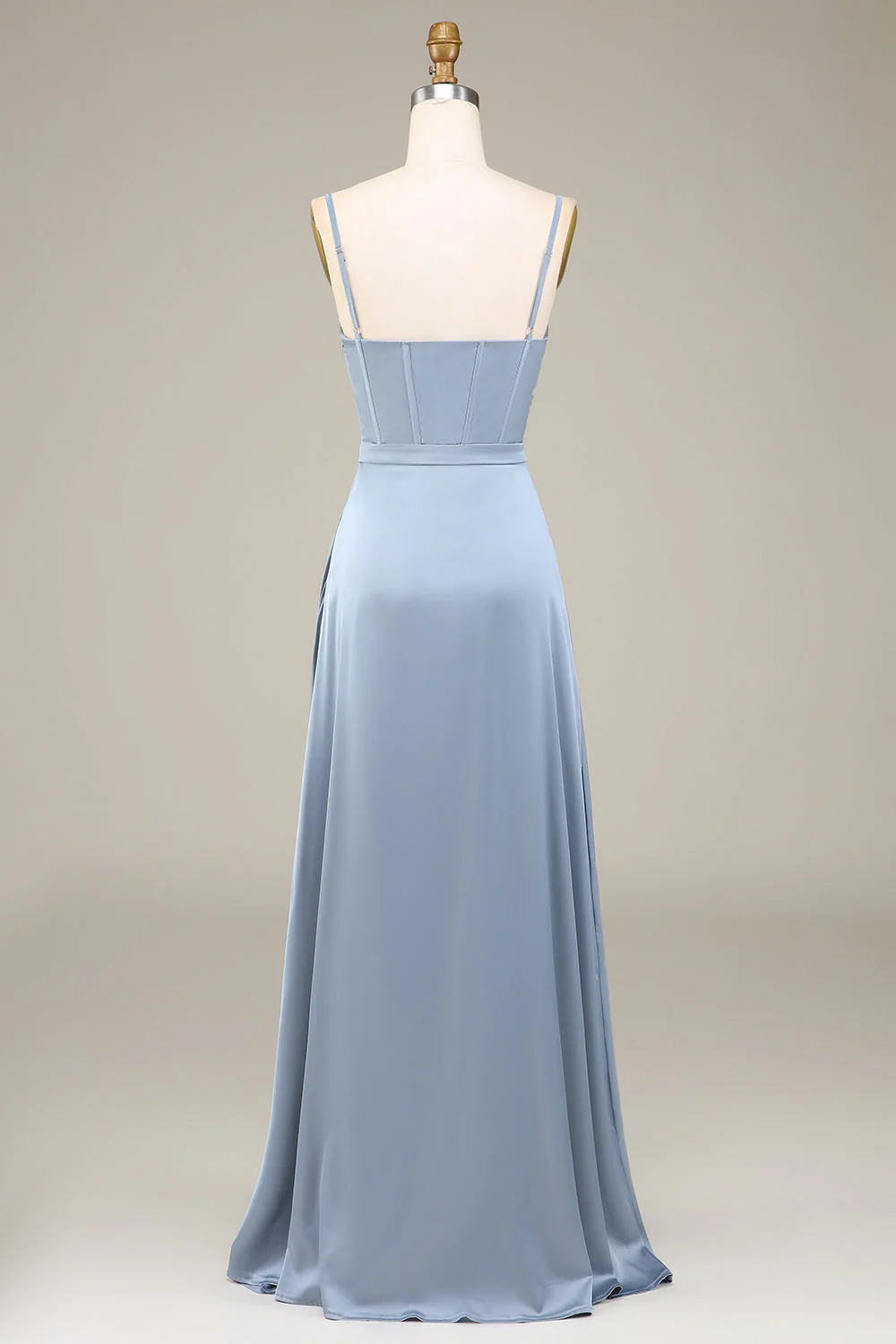 Dusty bleu A-ligne Spaghetti Bretelles Satin Longue robe de demoiselle d’honneur - Image 2