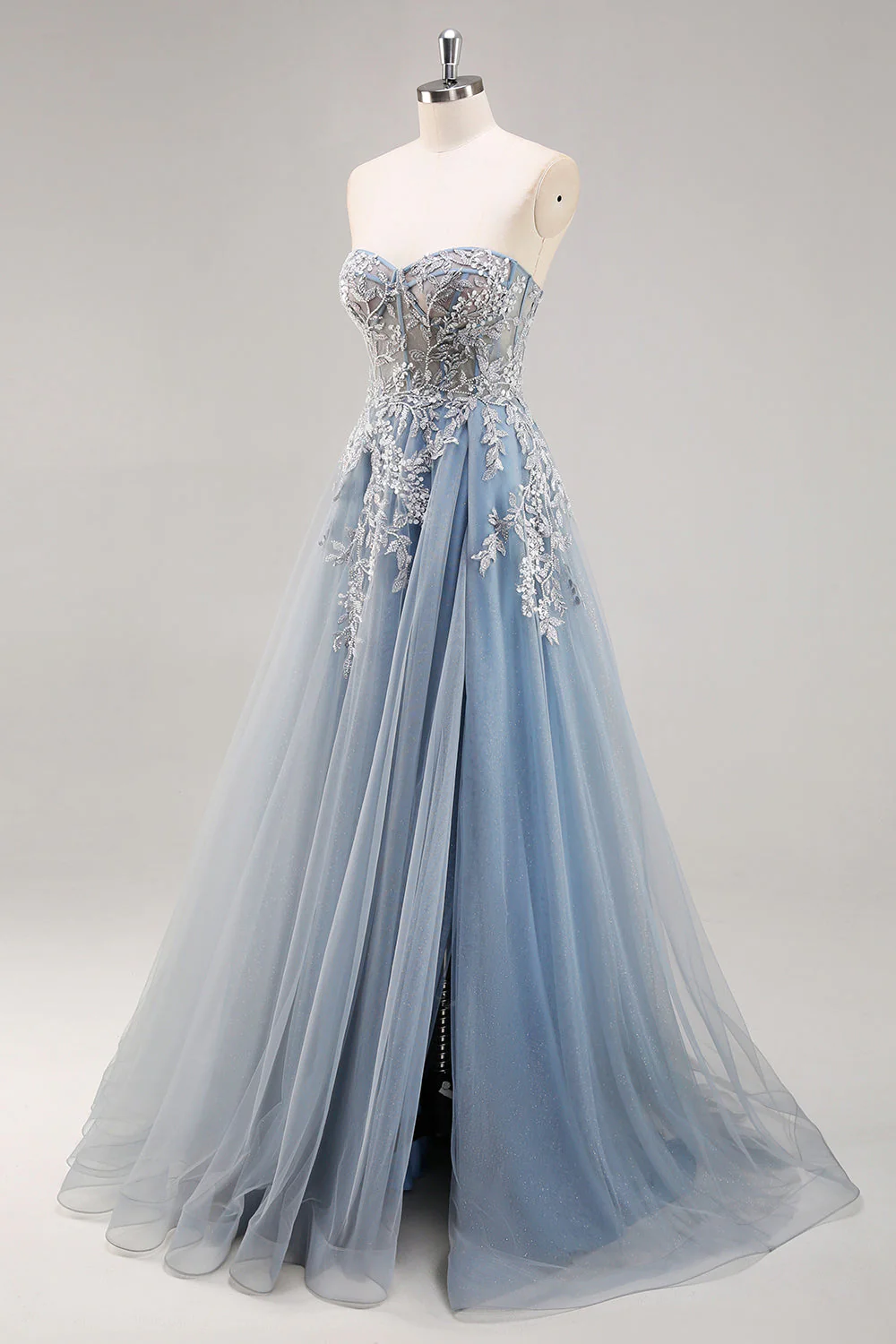 Robe de soirée longue bleu poussiéreux à manches amovibles et corset perlé - Image 3
