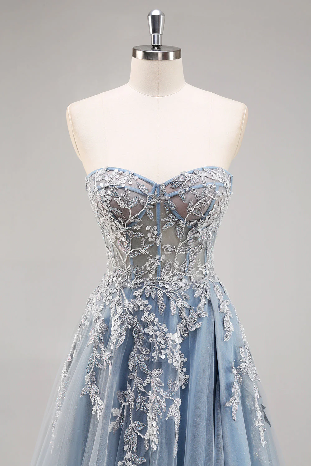 Robe de soirée longue bleu poussiéreux à manches amovibles et corset perlé - Image 4
