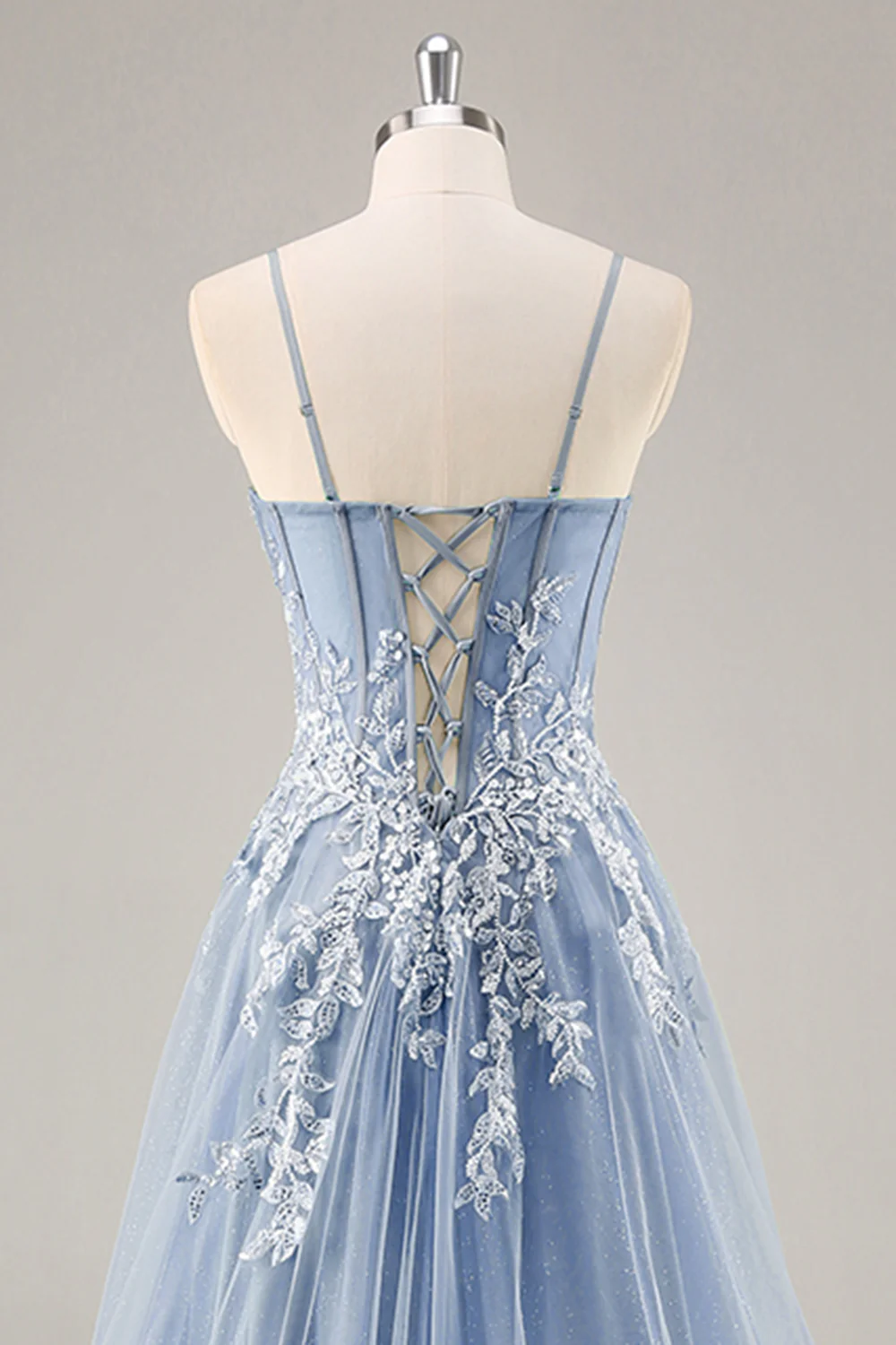 Robe de soirée longue bleu poussiéreux à manches amovibles et corset perlé - Image 5