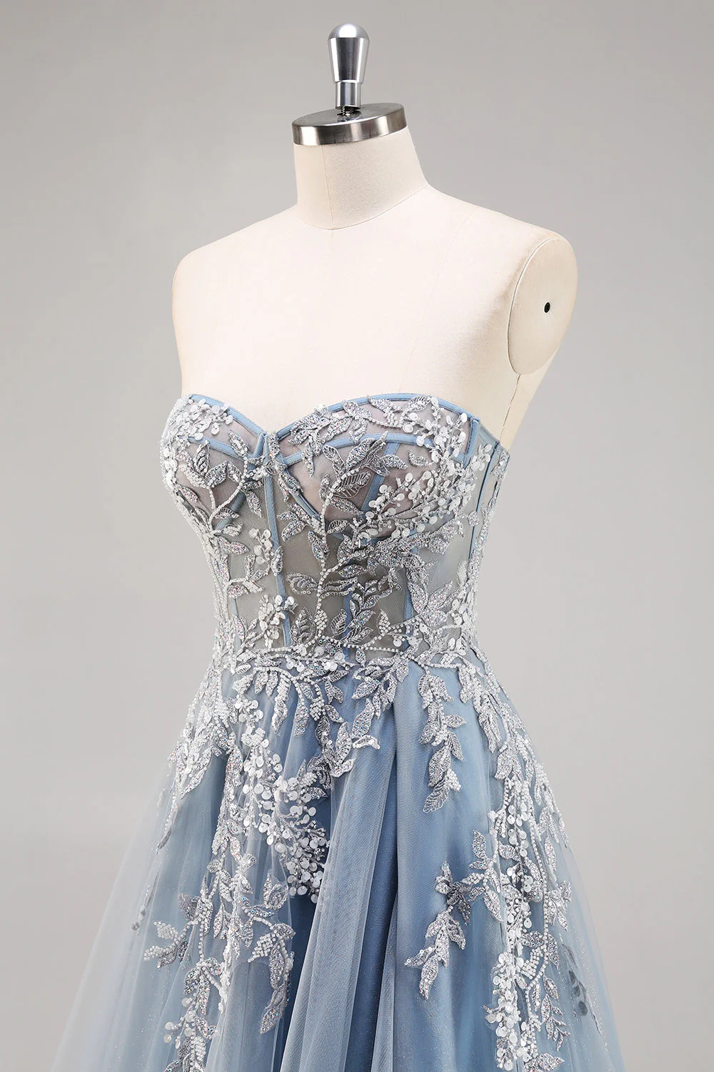 Robe de soirée longue bleu poussiéreux à manches amovibles et corset perlé - Image 6