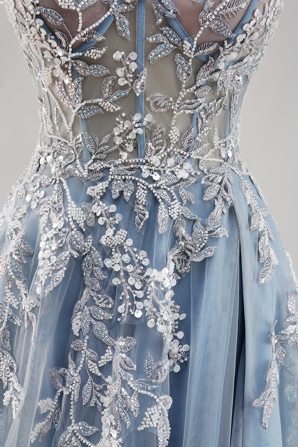 Robe de soirée longue bleu poussiéreux à manches amovibles et corset perlé - Image 7