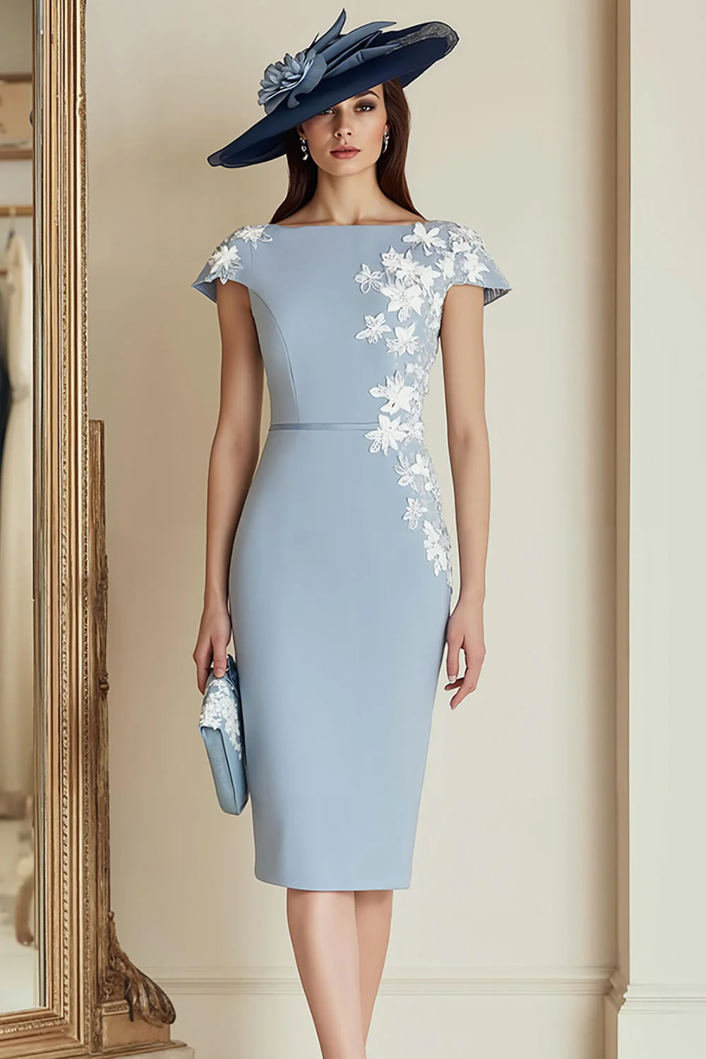 Dusty Blue Appliqueed Sheath Midi Mère De La Mariée Robe Avec Capuchon Manches