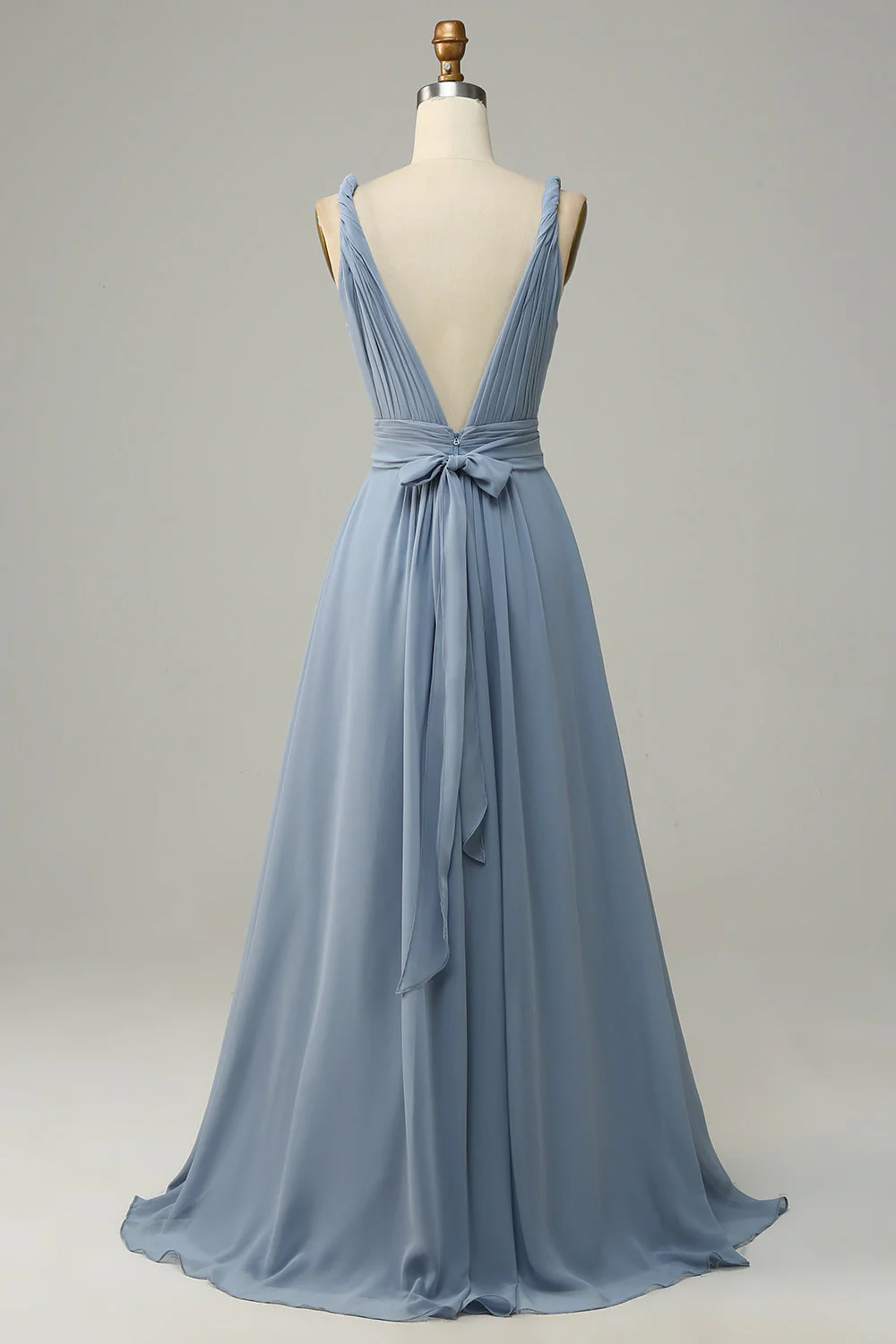 Robe de demoiselle d'honneur longue bleu poussiéreux à col en V profond - Image 3