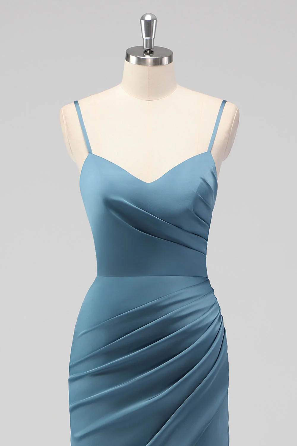 Dusty Blue Spaghetti Straps Sirène Satin Longue Robe de demoiselle d’honneur avec fente - Image 4