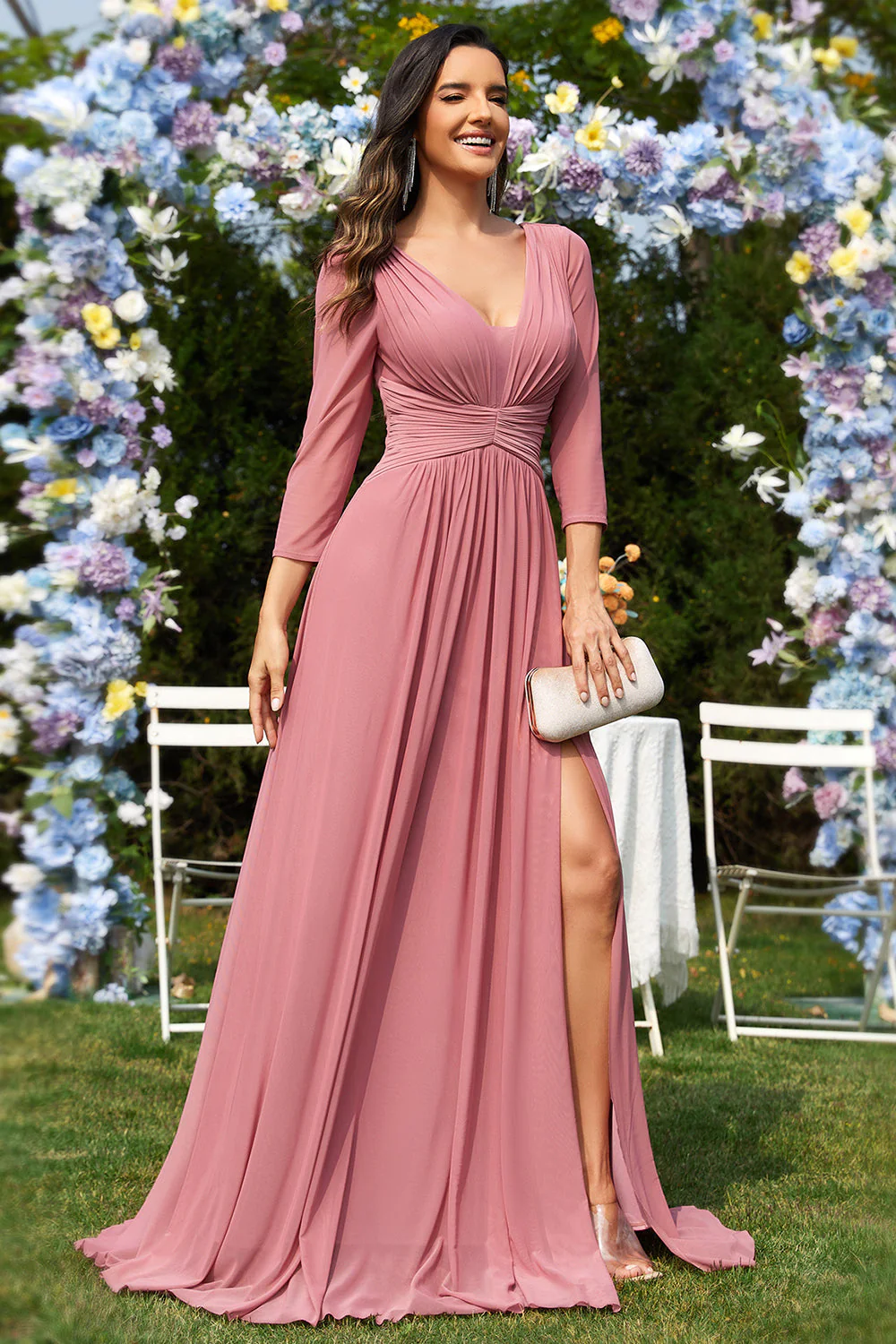 Dusty Rose A-ligne col en V manches longues Robe longue formelle en mousseline de soie - Image 5