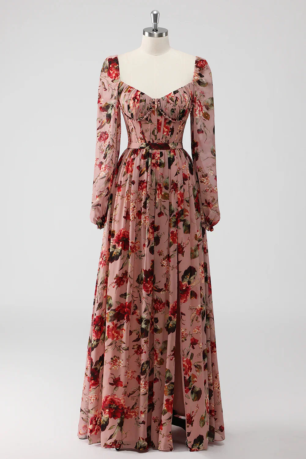 Dusty Rose Floral Corset Une Ligne Manches Longues Robe D’invitée De Mariage Avec Fente