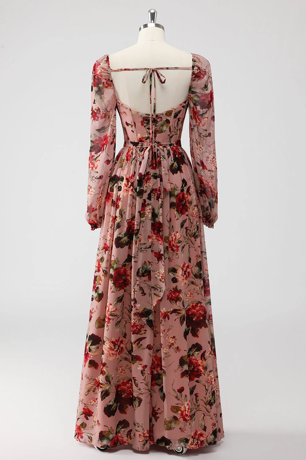Dusty Rose Floral Corset Une Ligne Manches Longues Robe D’invitée De Mariage Avec Fente - Image 2