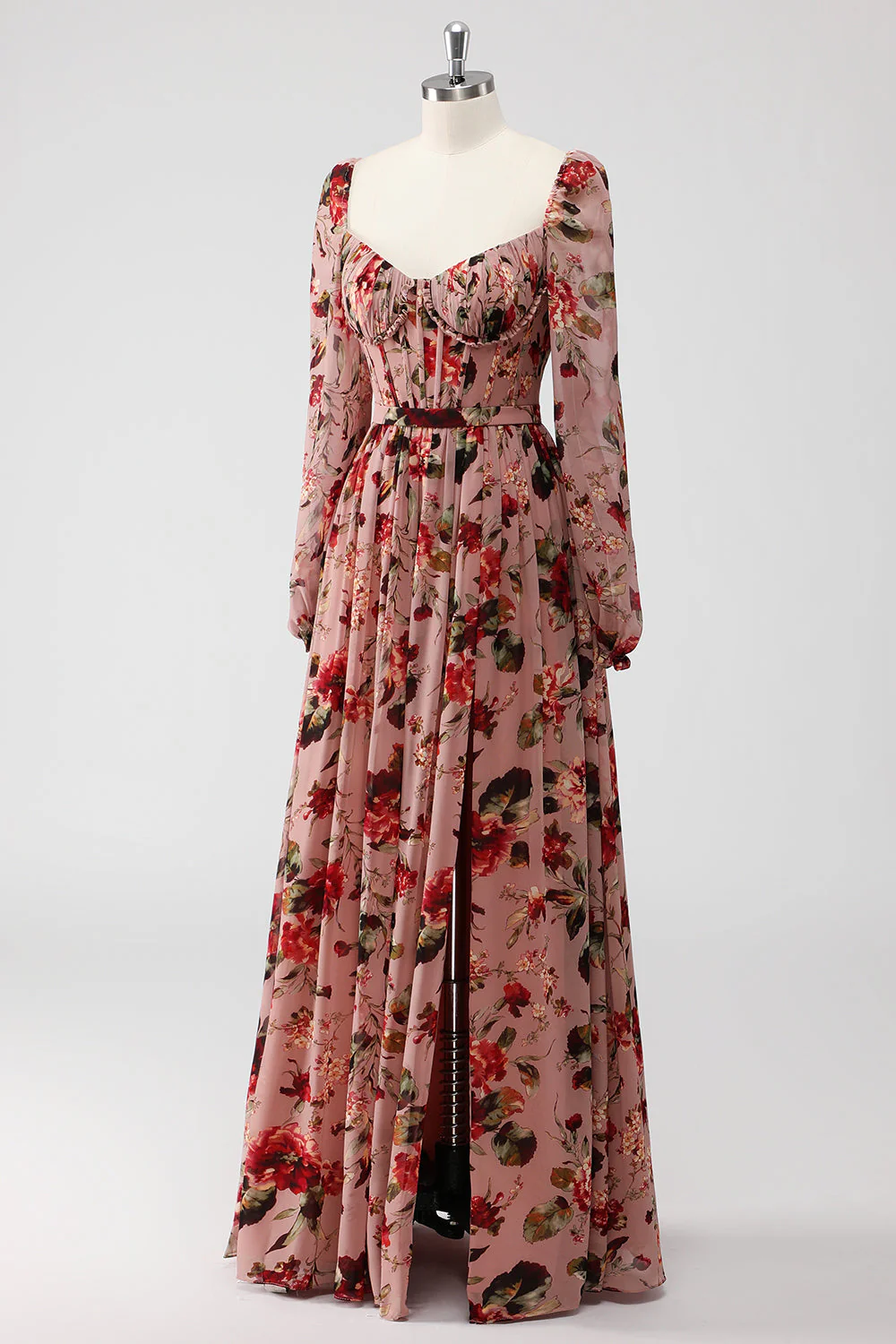Dusty Rose Floral Corset Une Ligne Manches Longues Robe D’invitée De Mariage Avec Fente - Image 3
