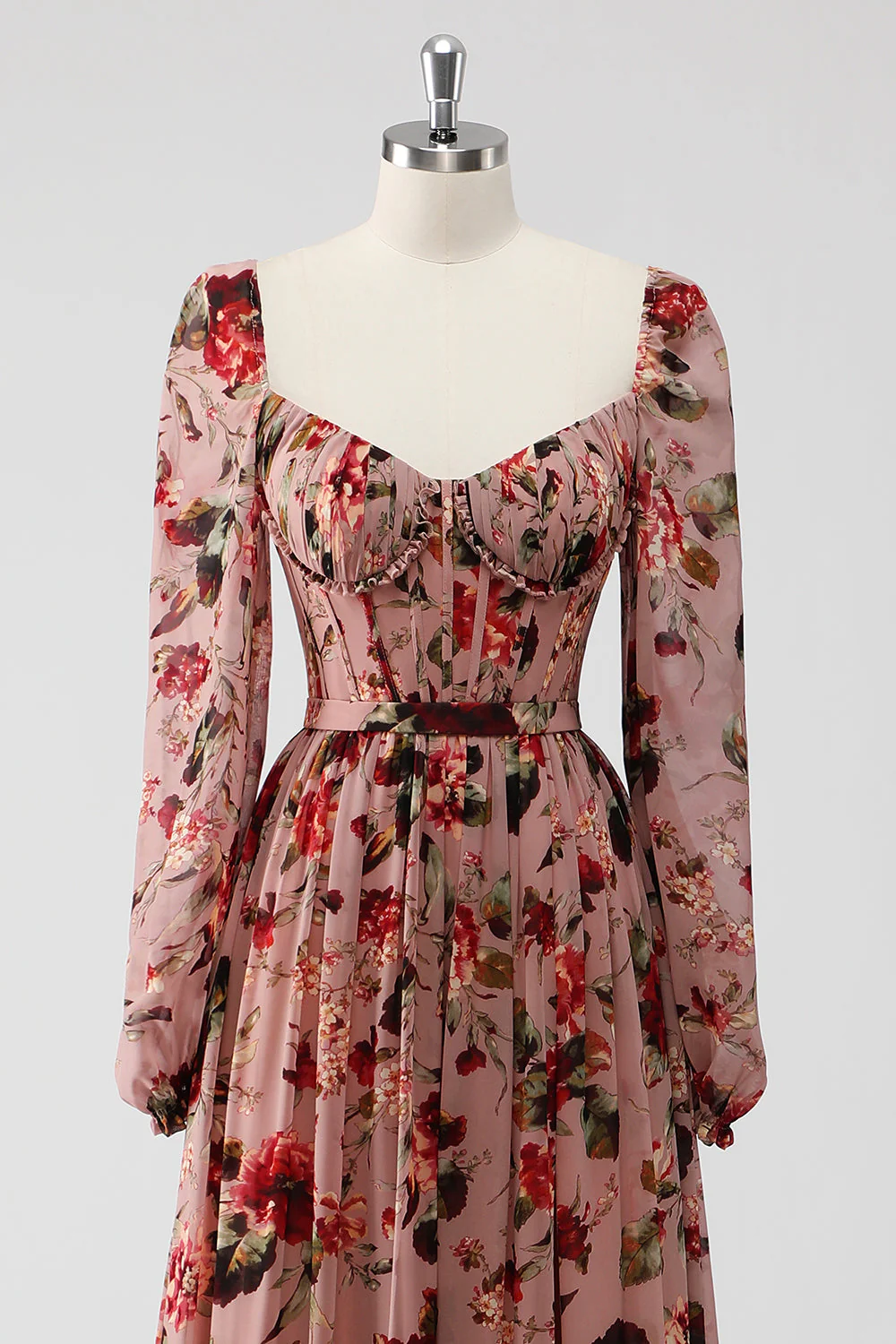 Dusty Rose Floral Corset Une Ligne Manches Longues Robe D’invitée De Mariage Avec Fente - Image 4
