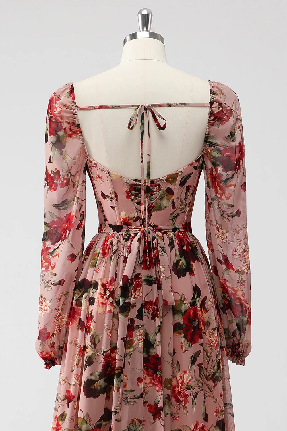 Dusty Rose Floral Corset Une Ligne Manches Longues Robe D’invitée De Mariage Avec Fente - Image 5