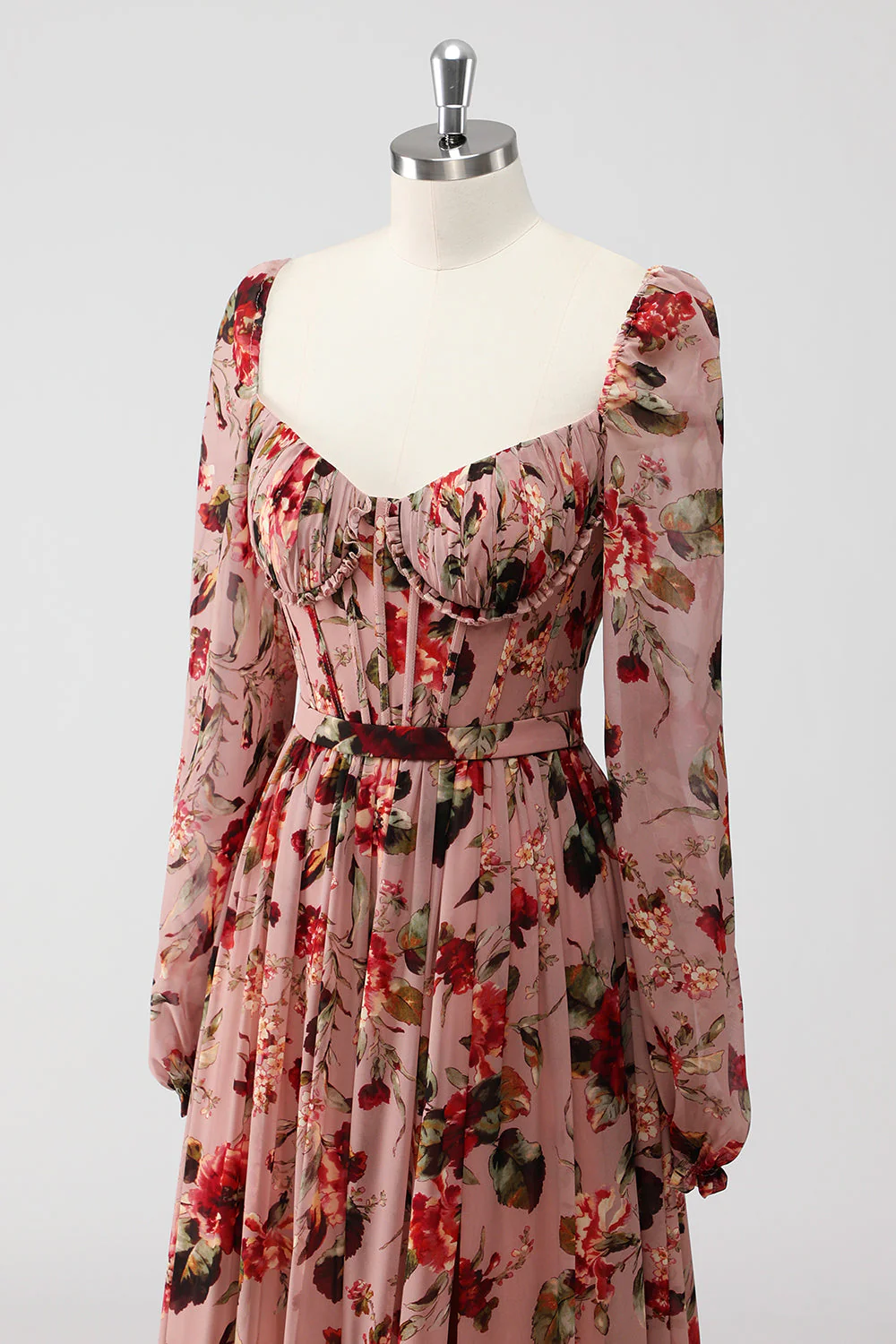 Dusty Rose Floral Corset Une Ligne Manches Longues Robe D’invitée De Mariage Avec Fente - Image 6