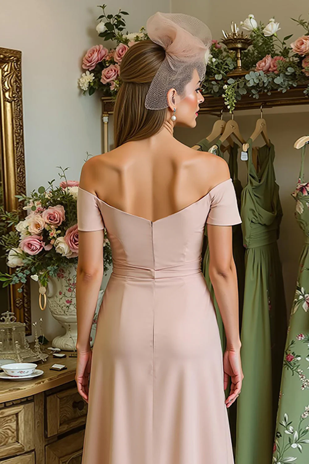 Dusty Rose Fourreau Hors L’épaule Ruché Midi Robe De La Mère De La Mariée - Image 4