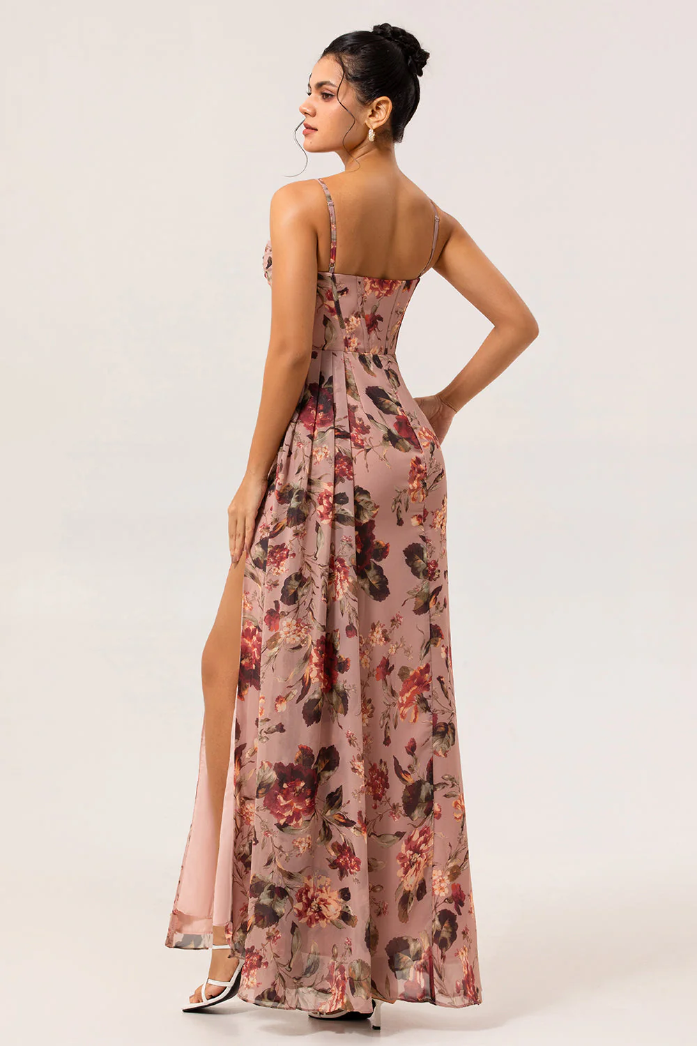 Dusty Rose gaine froncé floral Corset longue robe de demoiselle d’honneur avec banderole latérale - Image 2