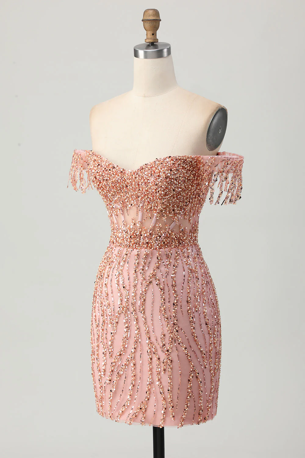 Dusty Rose Moulante Corset Épaules Dénudées Robe Courte de Retrouvailles avec Perles - Image 5