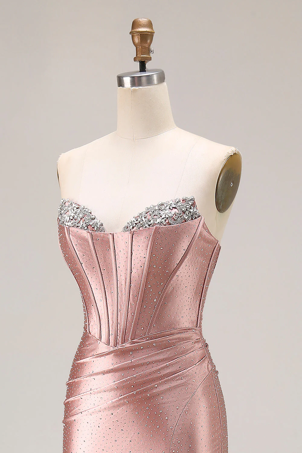 Robe de soirée sirène en satin rose poudré sans bretelles corset perlé avec fente - Image 8