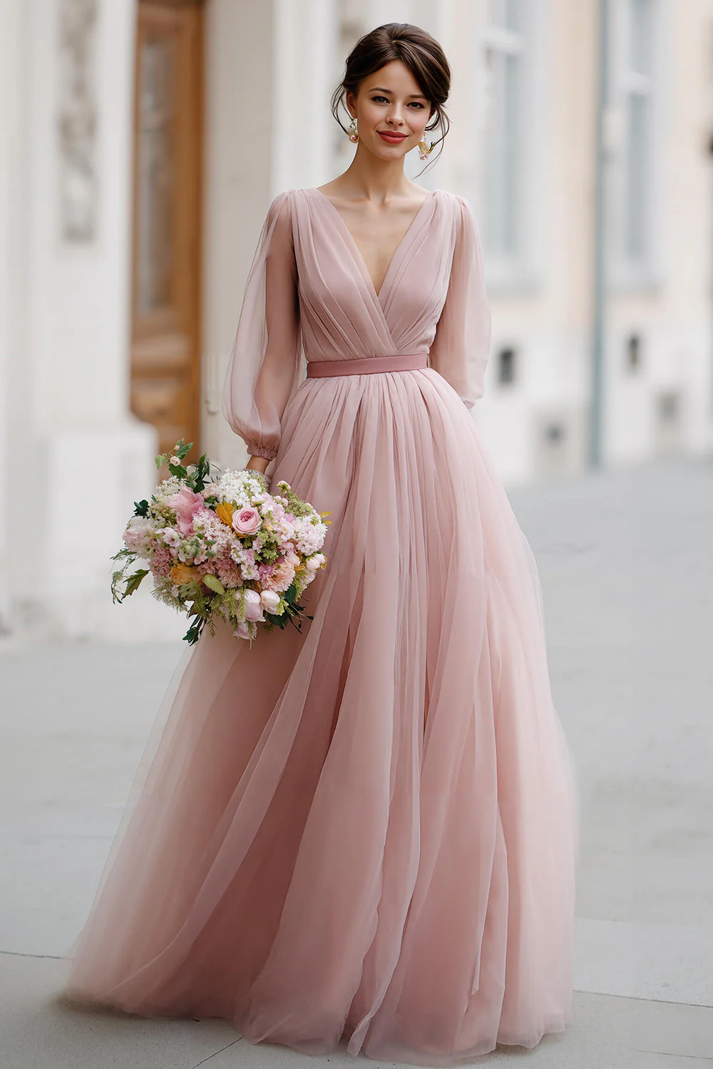Dusty Rose Une ligne à col en V Maxi Robe de demoiselle d’honneur avec manches