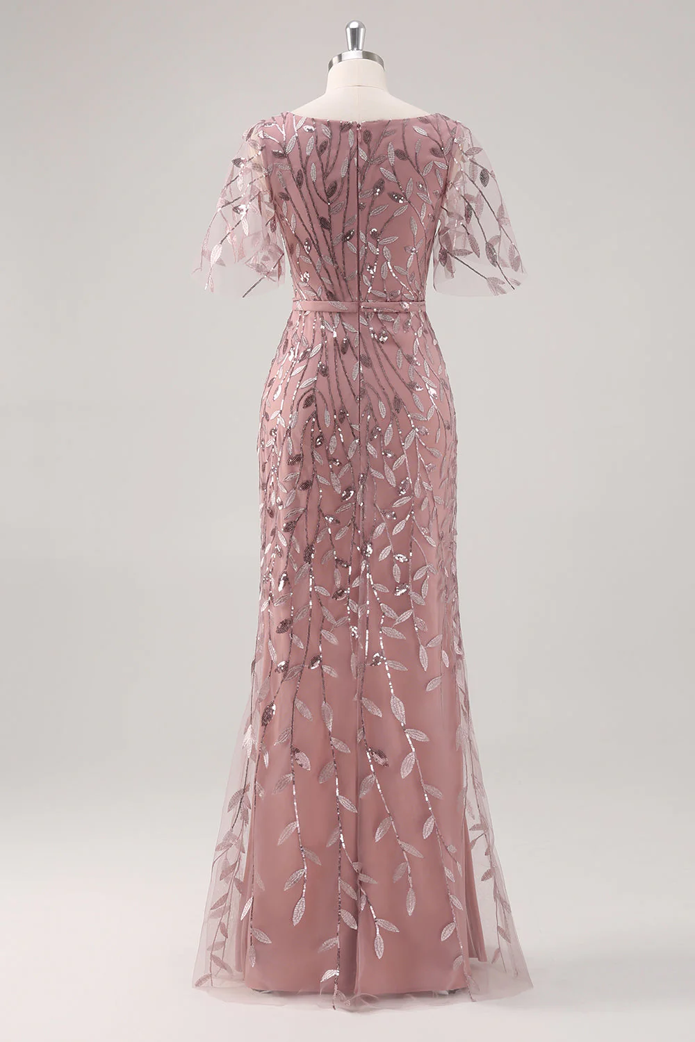 Robe mère de la mariée courte Dusty Rose col en V coupe fourreau à paillettes manches courtes - Image 2
