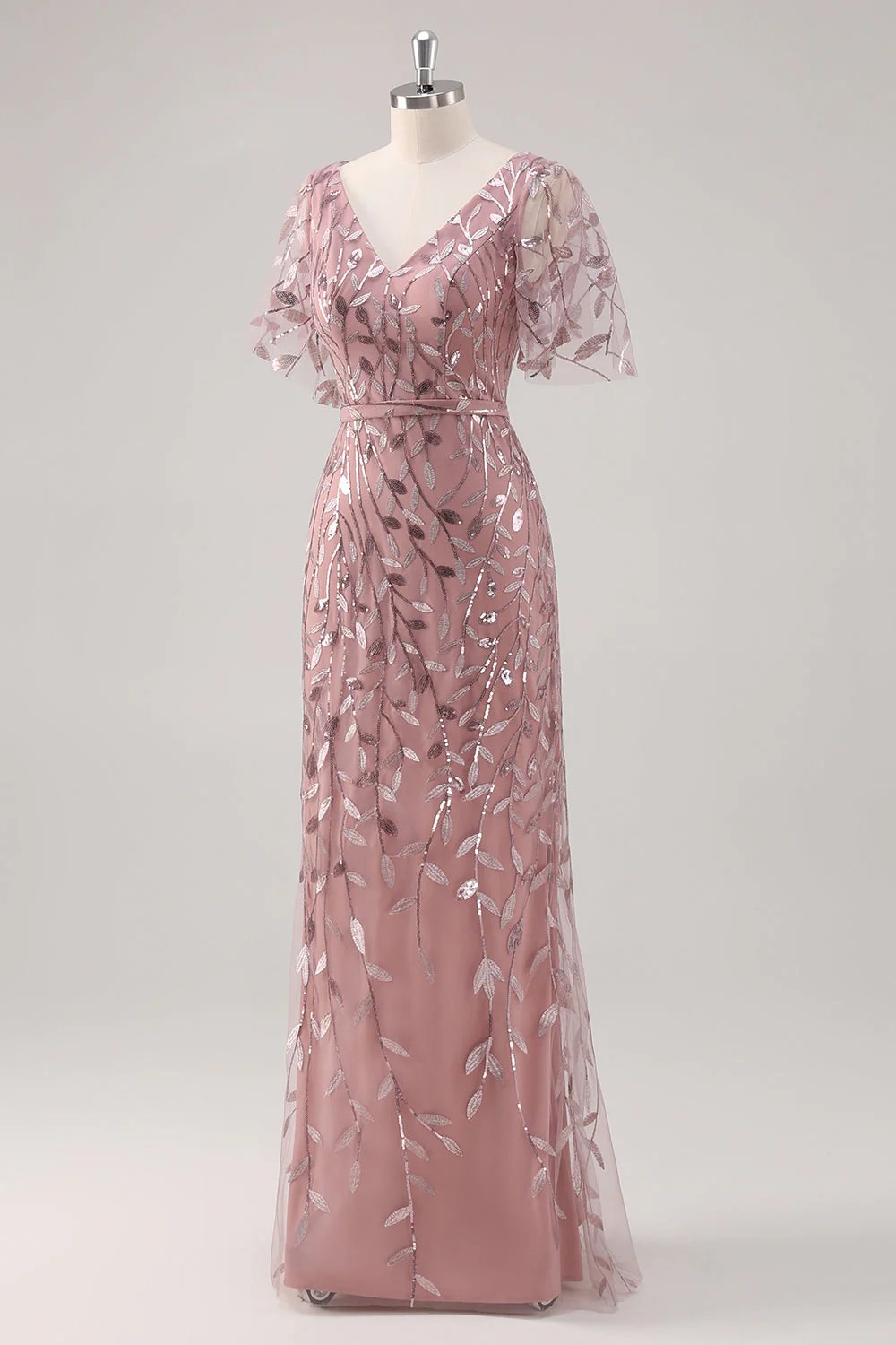 Robe mère de la mariée courte Dusty Rose col en V coupe fourreau à paillettes manches courtes - Image 3