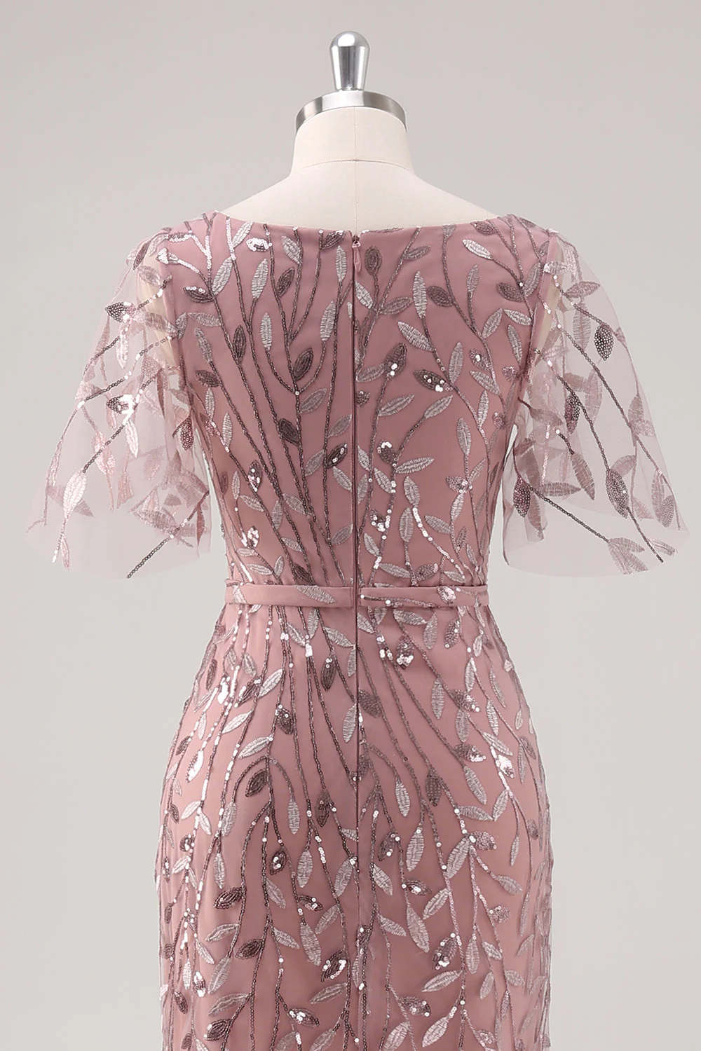 Robe mère de la mariée courte Dusty Rose col en V coupe fourreau à paillettes manches courtes - Image 5