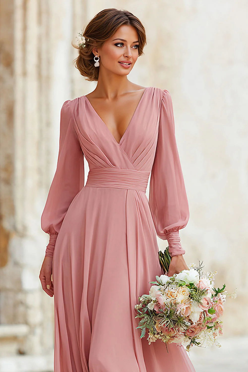 Robe de demoiselle d'honneur longue rose poussiéreux col V ligne A à manches - Image 3