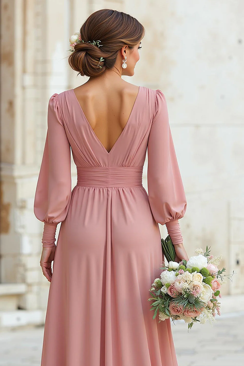 Robe de demoiselle d'honneur longue rose poussiéreux col V ligne A à manches - Image 4