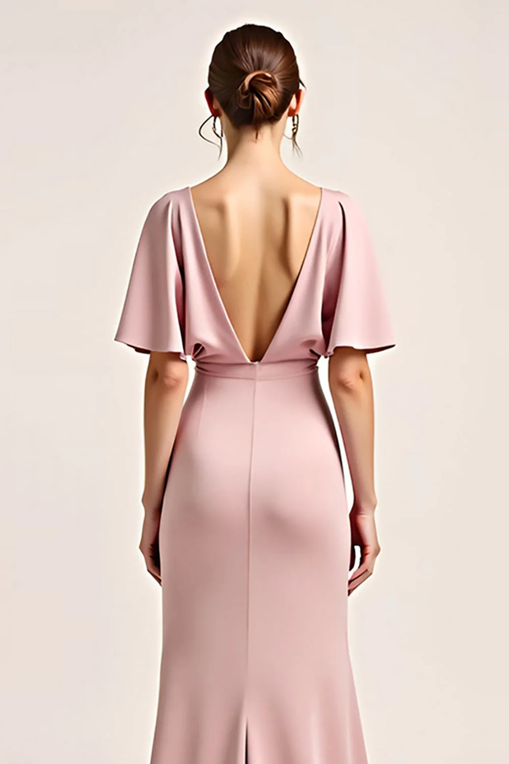 Dusty Rose V-Neck Satin Demi-Manches Robe Longue Demoiselle d’Honneur avec Fente - Image 4