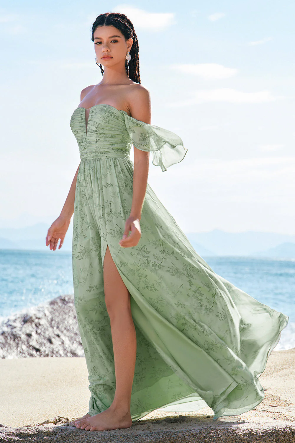 Robe de demoiselle d'honneur trapèze imprimée à épaules dénudées et fente - Image 5