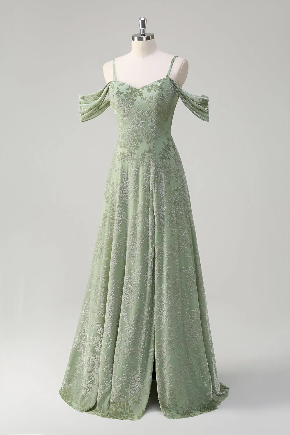 Sauge poussiéreuse A-ligne Épaule Froide Jacquard Longue Robe de demoiselle d’honneur avec fente - Image 3